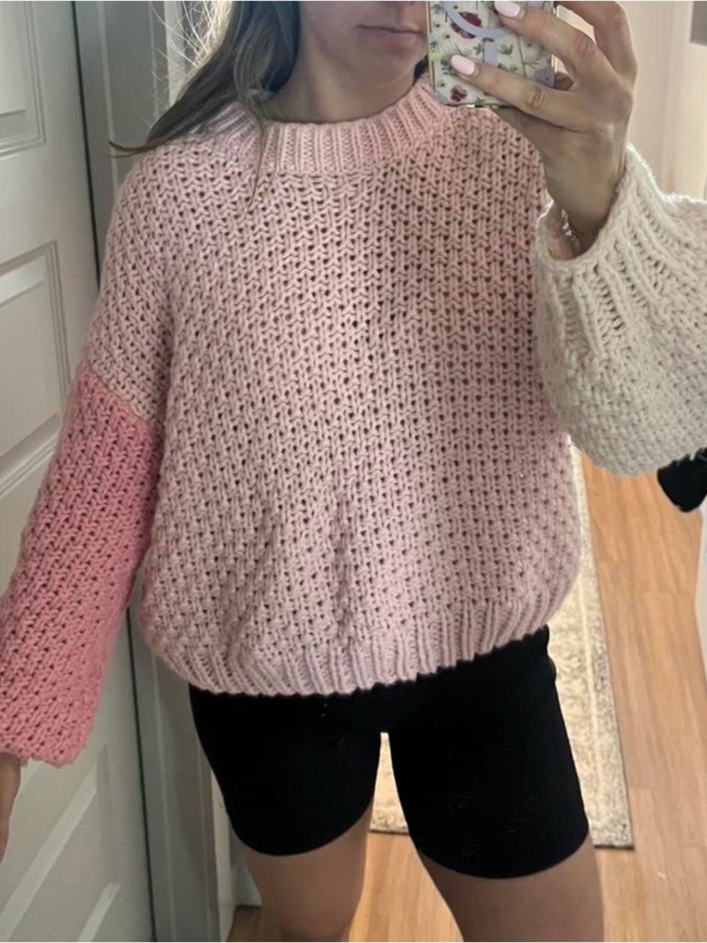 Altar'd State Pink & Cream Chunky Colorblock Crewneck Sweater